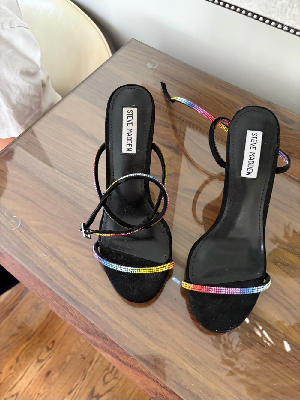Steve Madden Black Heeled Sandals with Rainbow Crystal Straps